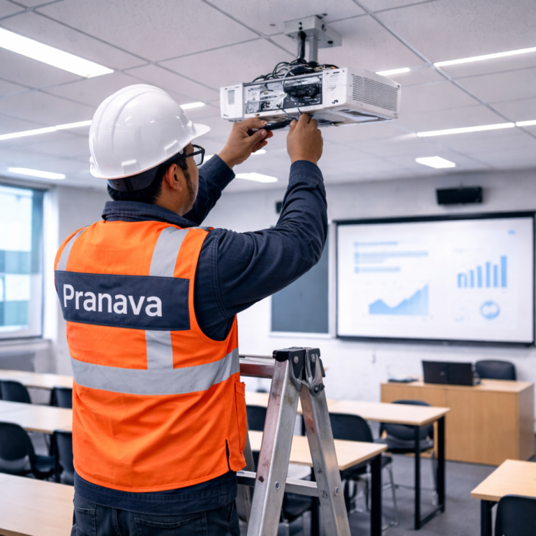 AV engineer installing a ceiling-mounted projector in a classroom during professional AV installation in Hyderabad