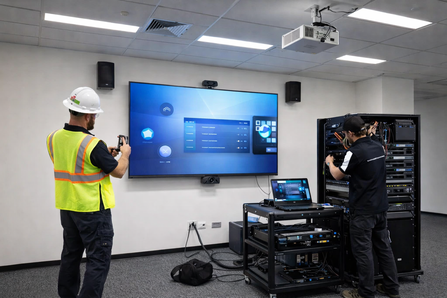 Professional AV technicians are installing a wall-mounted display, ceiling projector, speakers, and equipment rack in a modern conference room.