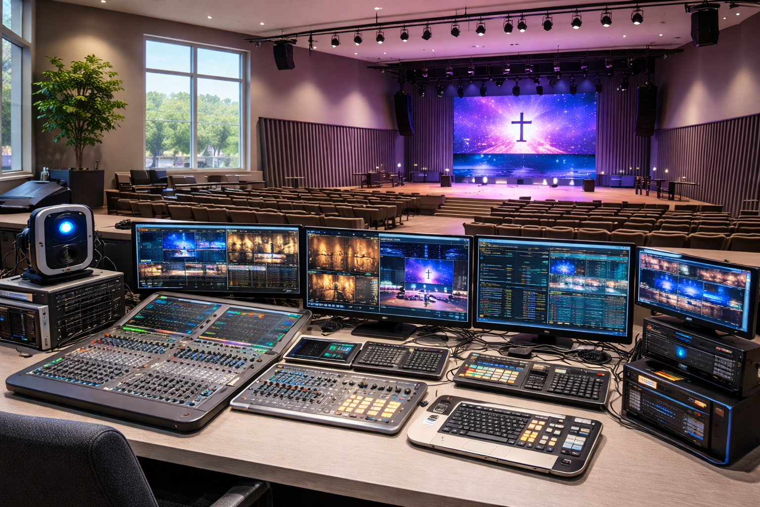 Professional audiovisual solutions setup for worship spaces, including a digital audio mixer, video switcher, PTZ cameras, and an LED display stage.