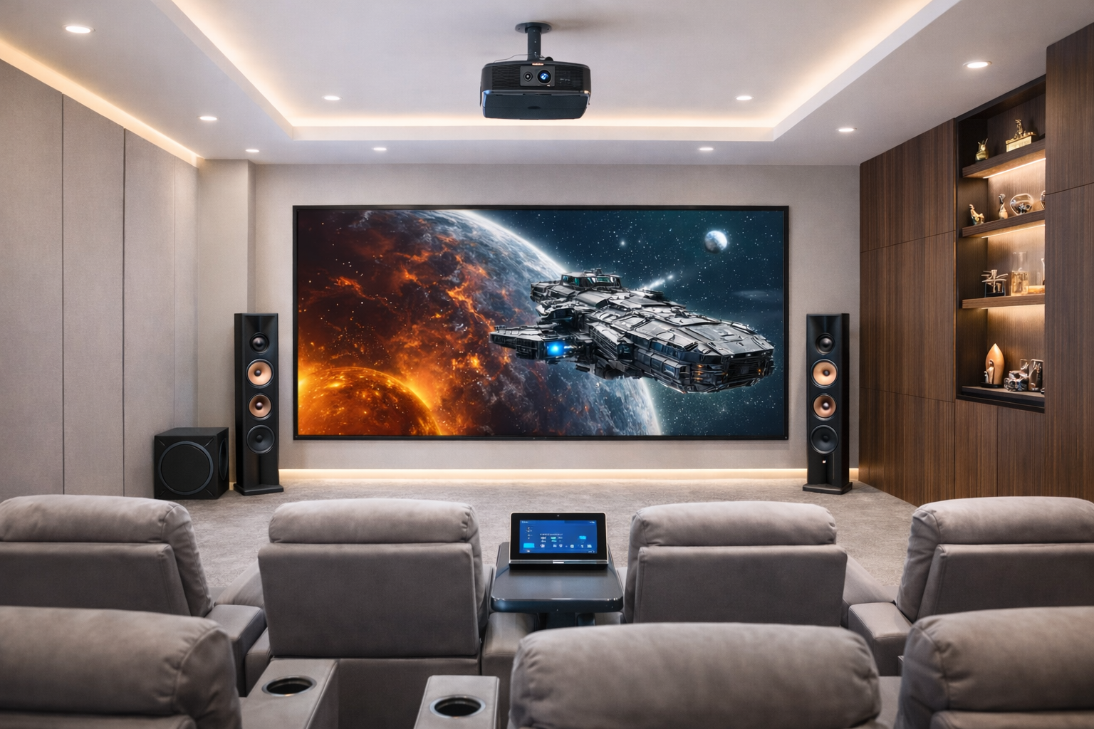 Home theatre audio visual solution with projector, surround sound speakers, and integrated AV control system