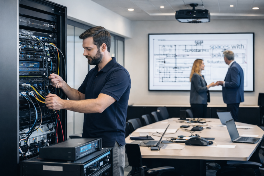 AV technician configuring professional audio visual equipment in a modern conference room