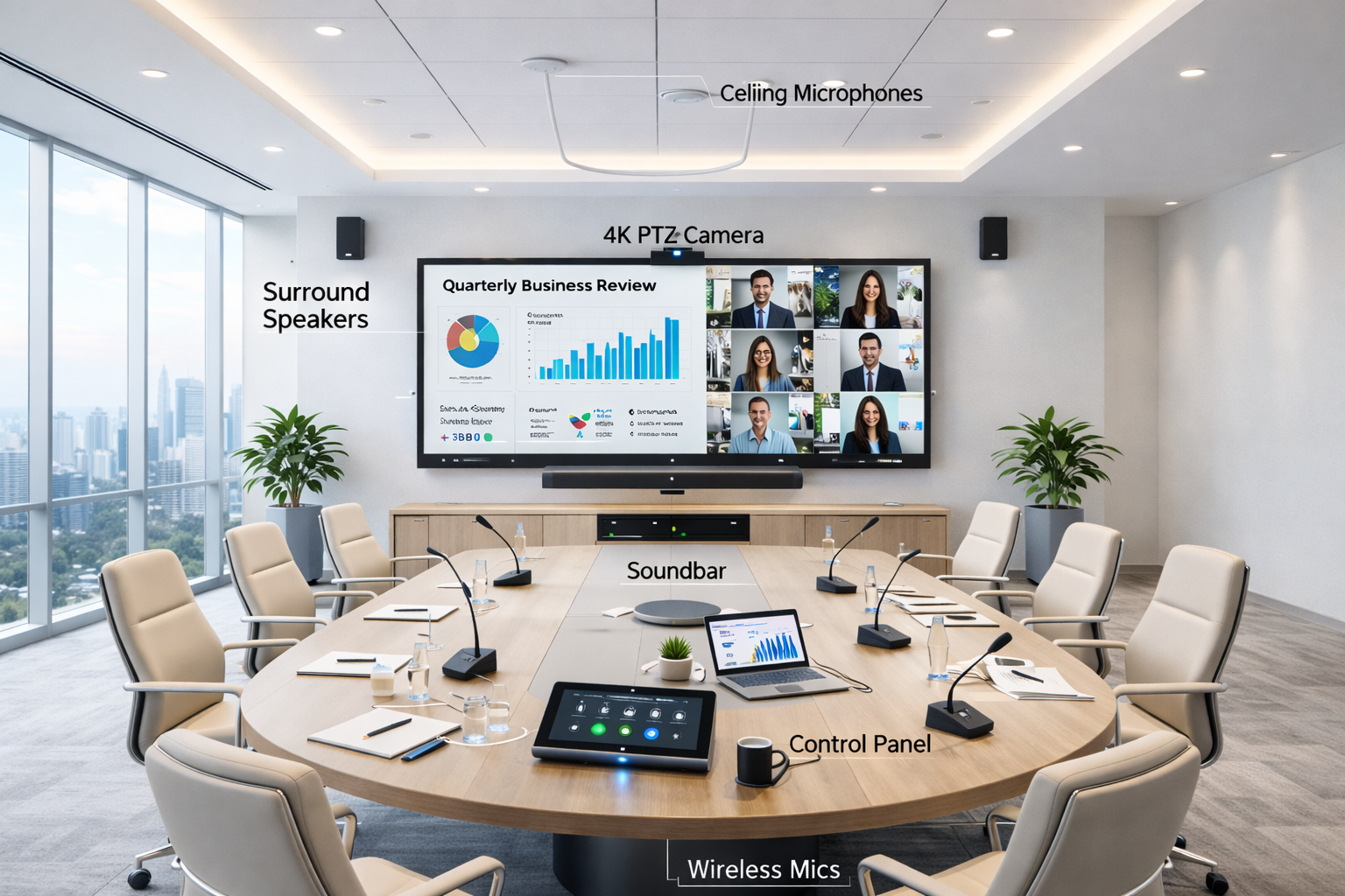 Light modern corporate conference room featuring advanced video conferencing solutions, interactive display panel, and integrated AV systems.
