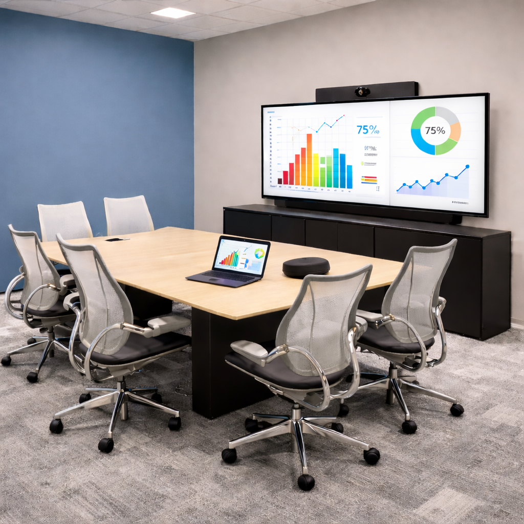 Corporate conference room setup featuring advanced video conferencing solutions, an interactive display panel, and a central speakerphone.