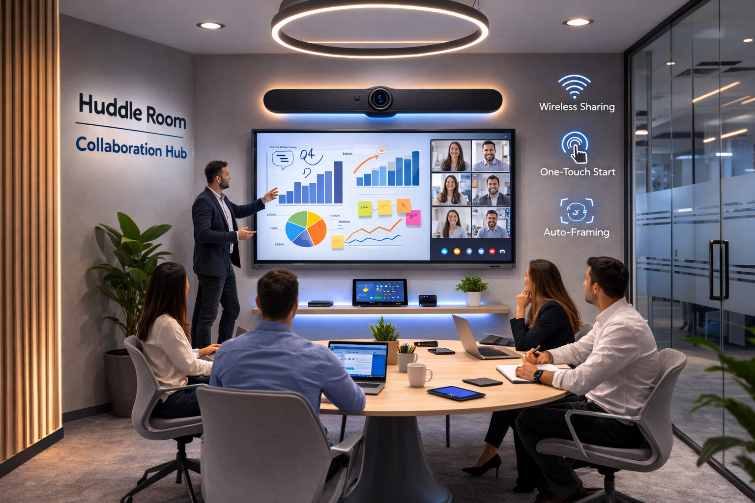 Modern huddle room with 4K interactive display, all-in-one soundbar camera, and integrated video conferencing solutions.