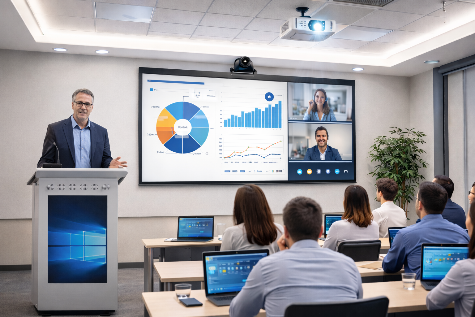 Training room with digital podium and presenter using advanced video conferencing solutions and integrated video conferencing systems.