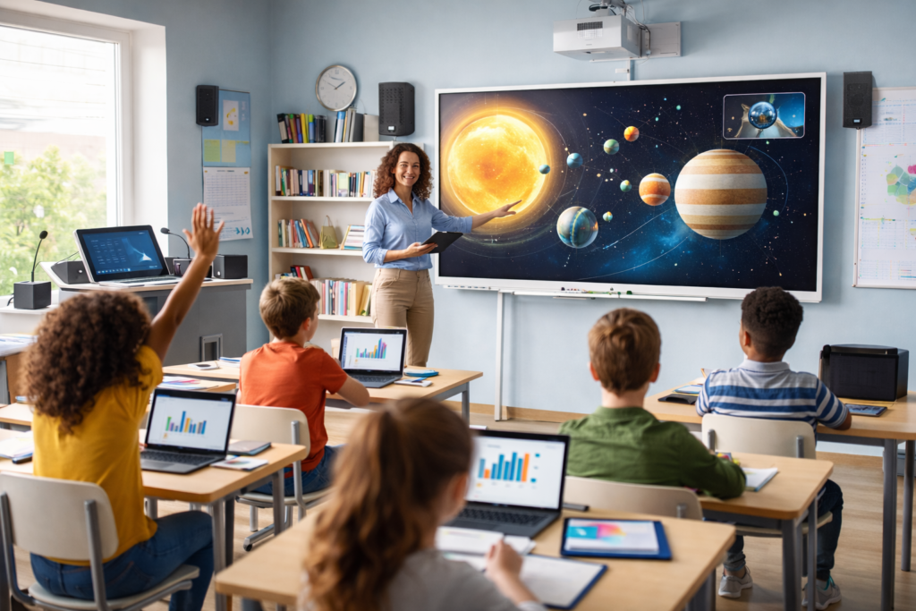 Digital smart classroom with interactive display, classroom audio system, and digital podium used for modern teaching