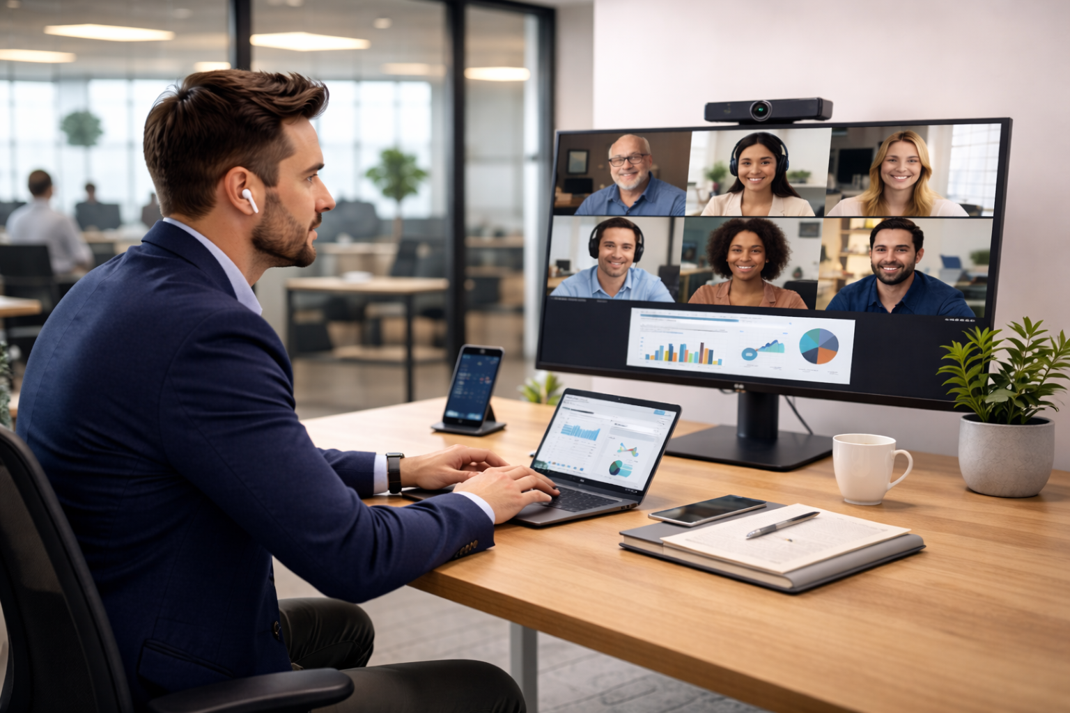 Professional attending hybrid meeting in modern office with smart camera and integrated video conferencing solutions setup.