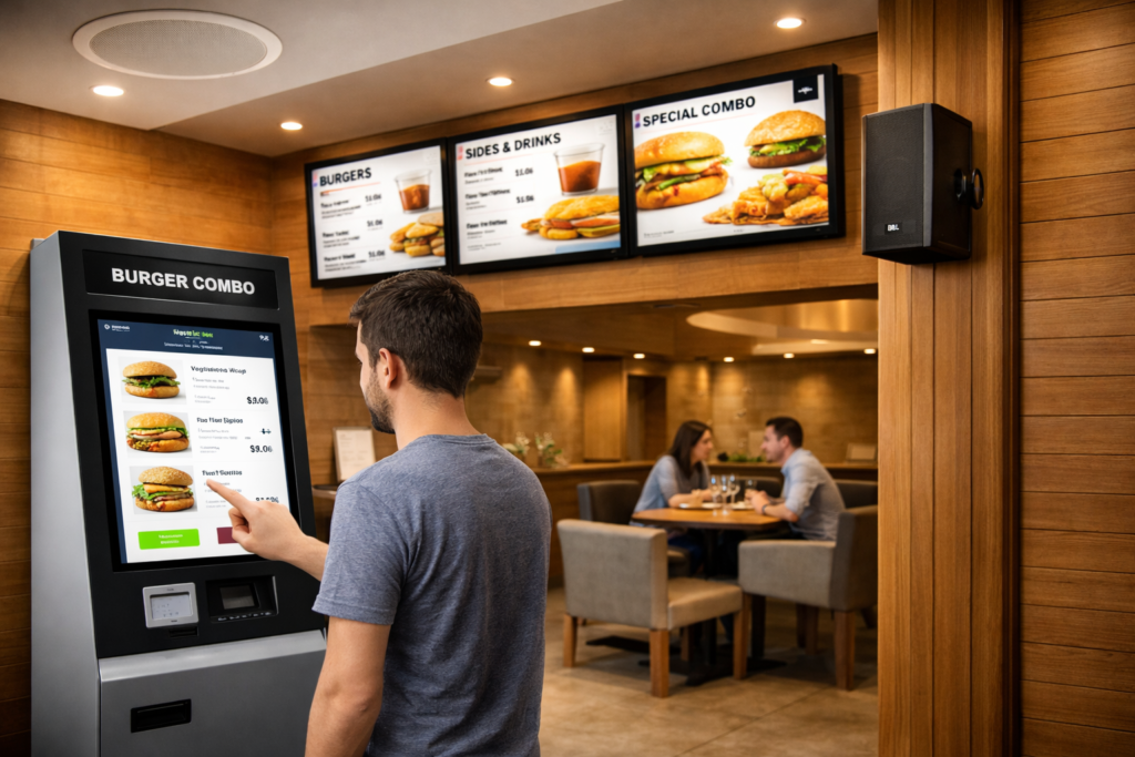 Restaurant AV setup with digital menu boards, self-ordering kiosks, and ceiling speakers for enhanced dining experience