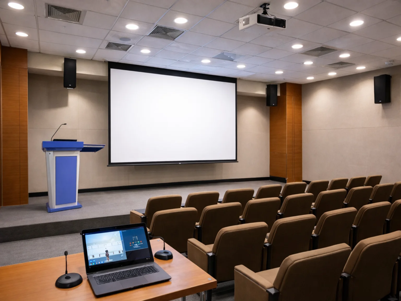 Seminar hall audio visual solutions with projector screen, ceiling projector, speakers and presentation podium
