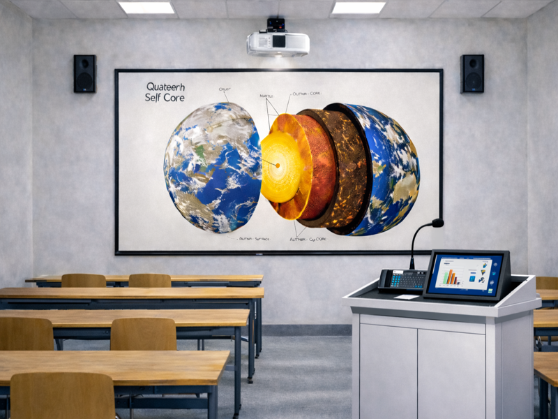 digital smart classroom setup with projector interactive display digital teaching podium, microphones, and projector