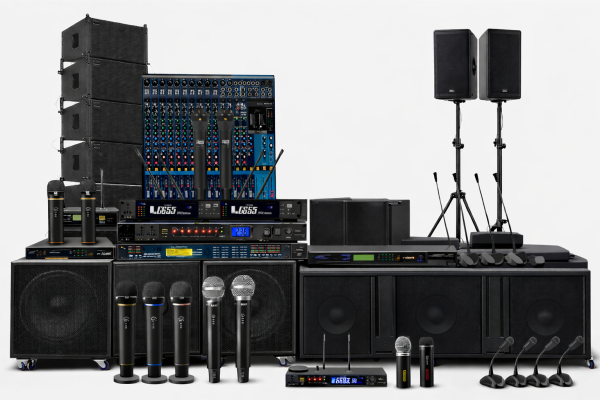 Professional audio visual setup featuring speakers, subwoofers, mixers, amplifiers, wireless microphones, table microphones, and complete audio systems for commercial spaces