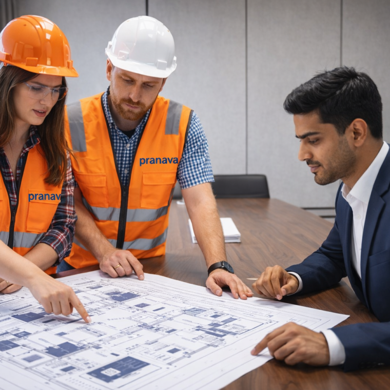 AV consultants discussing the corporate room blueprint during an AV consulting session