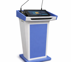 Modern digital podium with touchscreen display and microphones for smart classroom and seminar presentations
